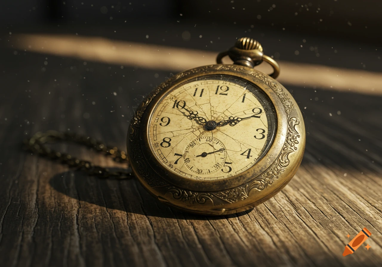 Close-up of a vintage, cracked pocket watch with a chain, resting on a rustic wooden surface in dappled sunlight.