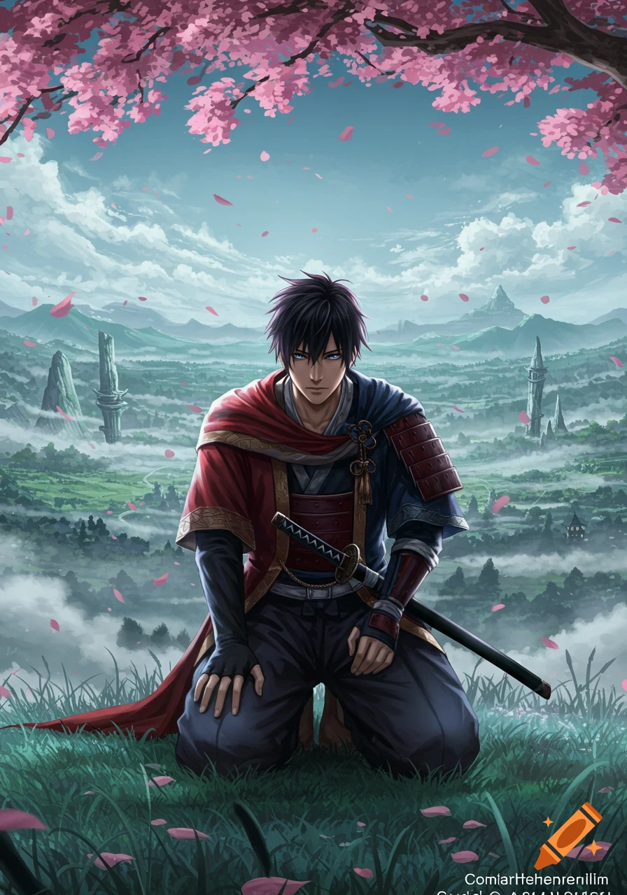 Anime male samurai kneeling under a cherry blossom tree in a serene fantasy landscape.