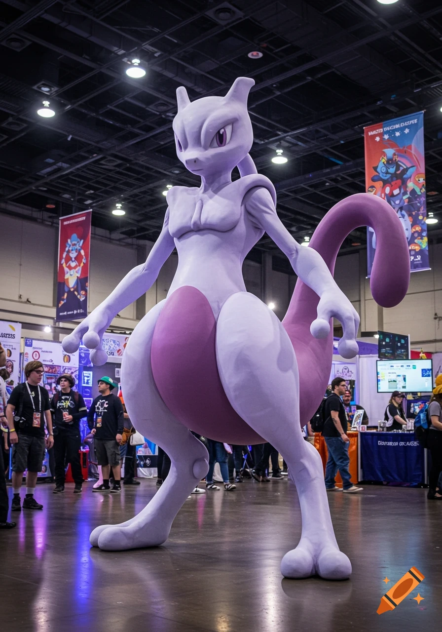 A large, light purple Mewtwo costume stands prominently at a busy convention hall, surrounded by people and event banners.