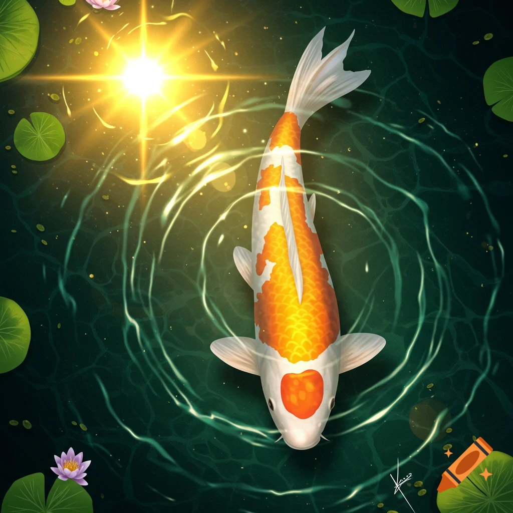 Vibrant orange and white koi fish swims in a dark pond, illuminated by a bright sun, with lily pads and pink water lilies.