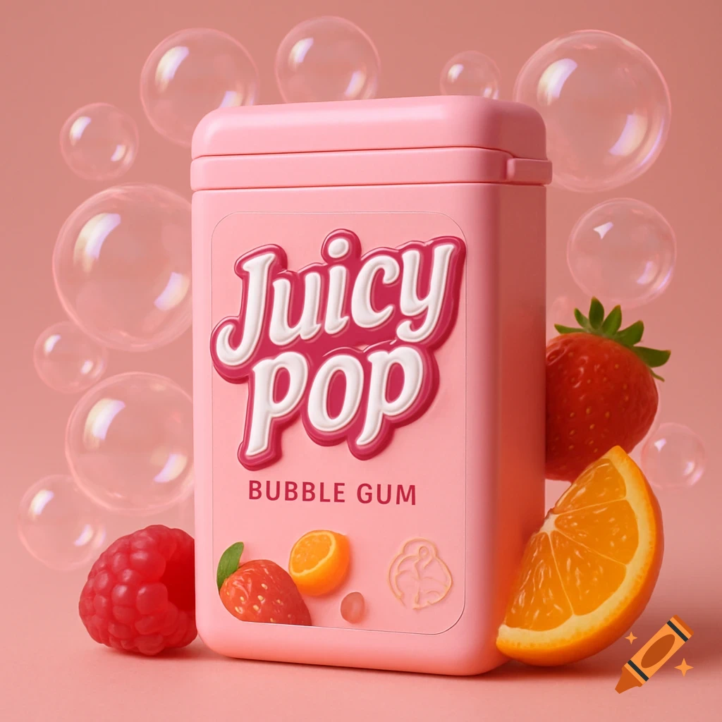 Photorealistic pink Juicy Pop Bubble Gum container with raspberries, strawberries, orange, and bubbles on a pink background.