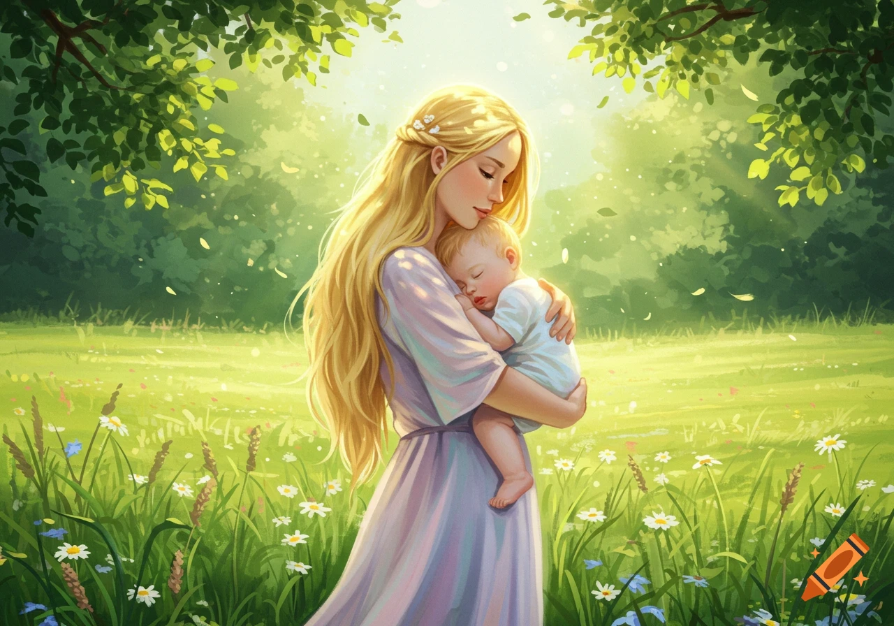 A blonde woman in a purple dress gently holds a sleeping baby in a sun-dappled grassy field with trees, in an illustrative style.
