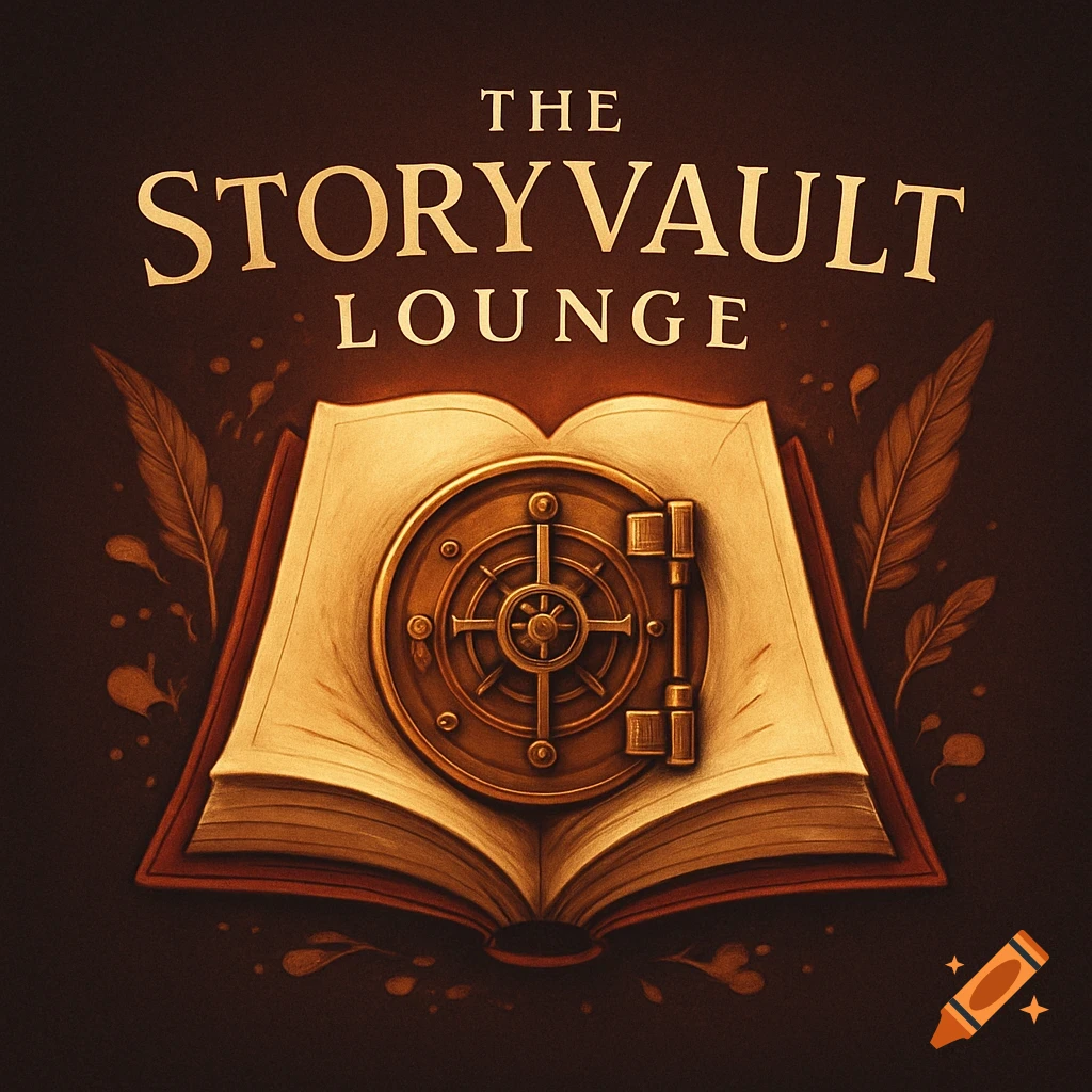 Stylized logo for 'The StoryVault Lounge' with an open book, a golden vault door, and quill feathers on a dark background.