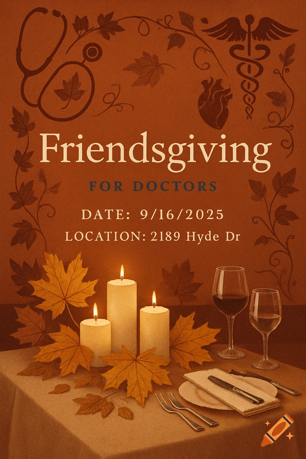 Friendsgiving invitation with medical symbols, autumn leaves, lit candles, wine glasses, and a table setting on a brown background.