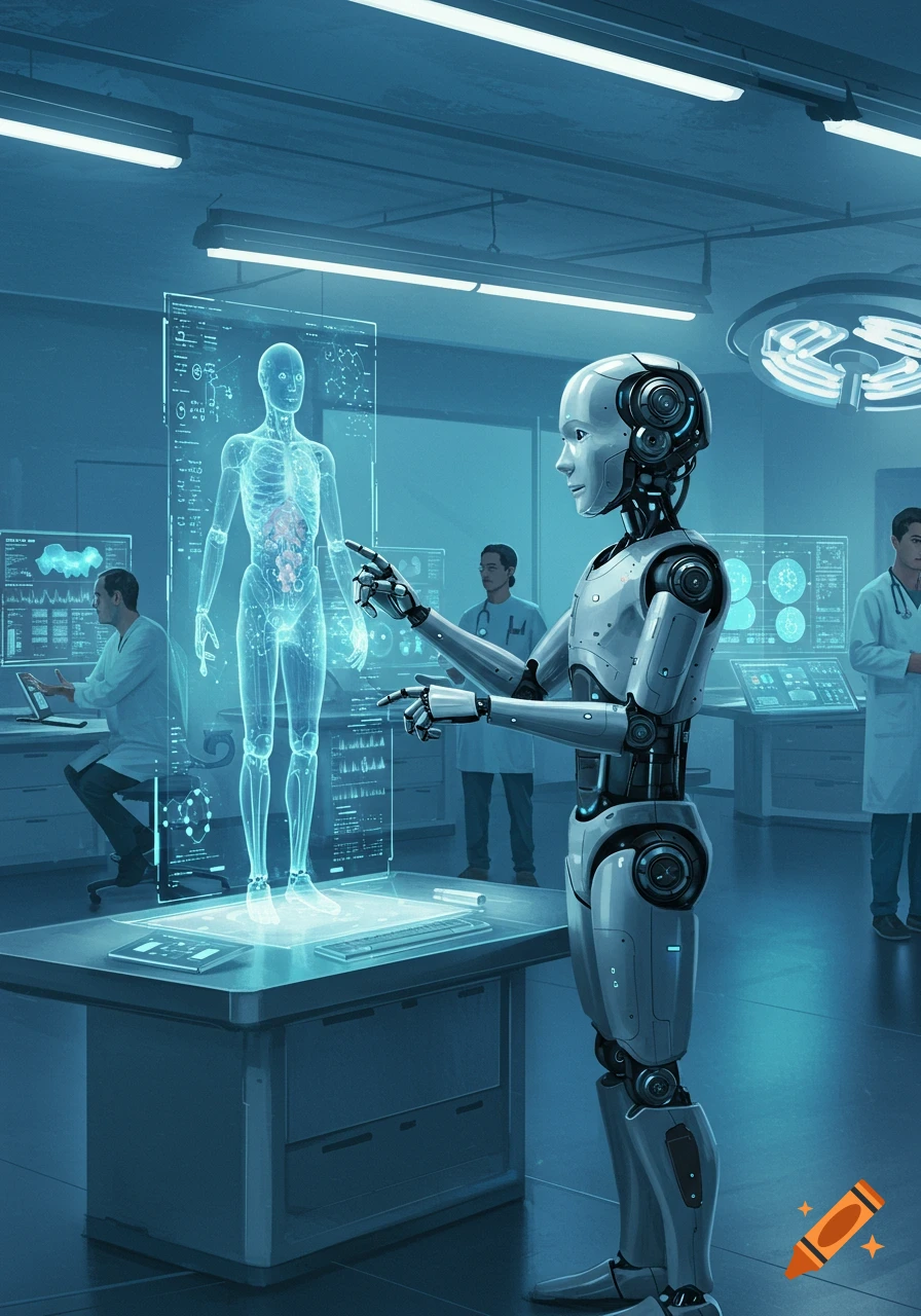 A robot examines a glowing holographic human anatomy display in a futuristic medical lab, with human doctors in the background.
