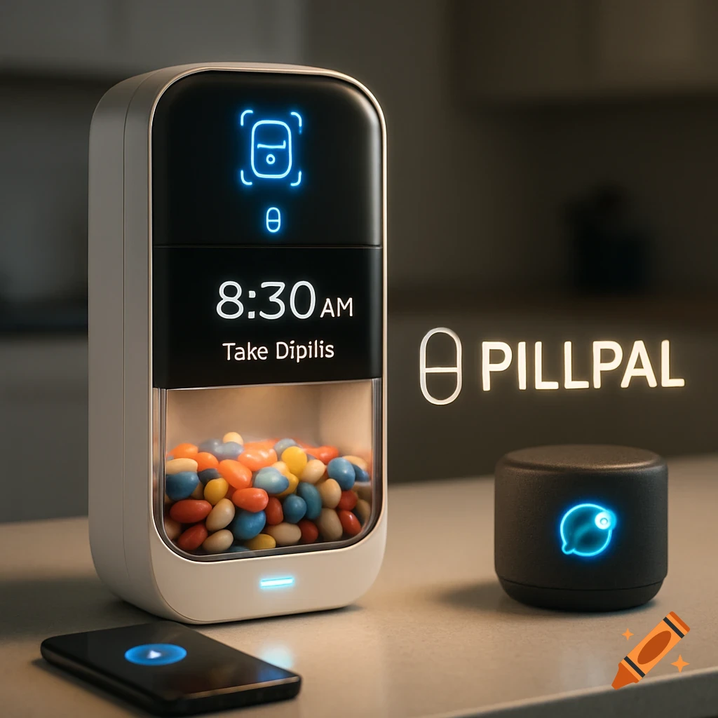Photorealistic smart medication dispenser 'PillPal' displaying 8:30 AM and 'Take Dipilis', filled with colorful pills, on a kitchen counter with a smartphone and smart speaker.