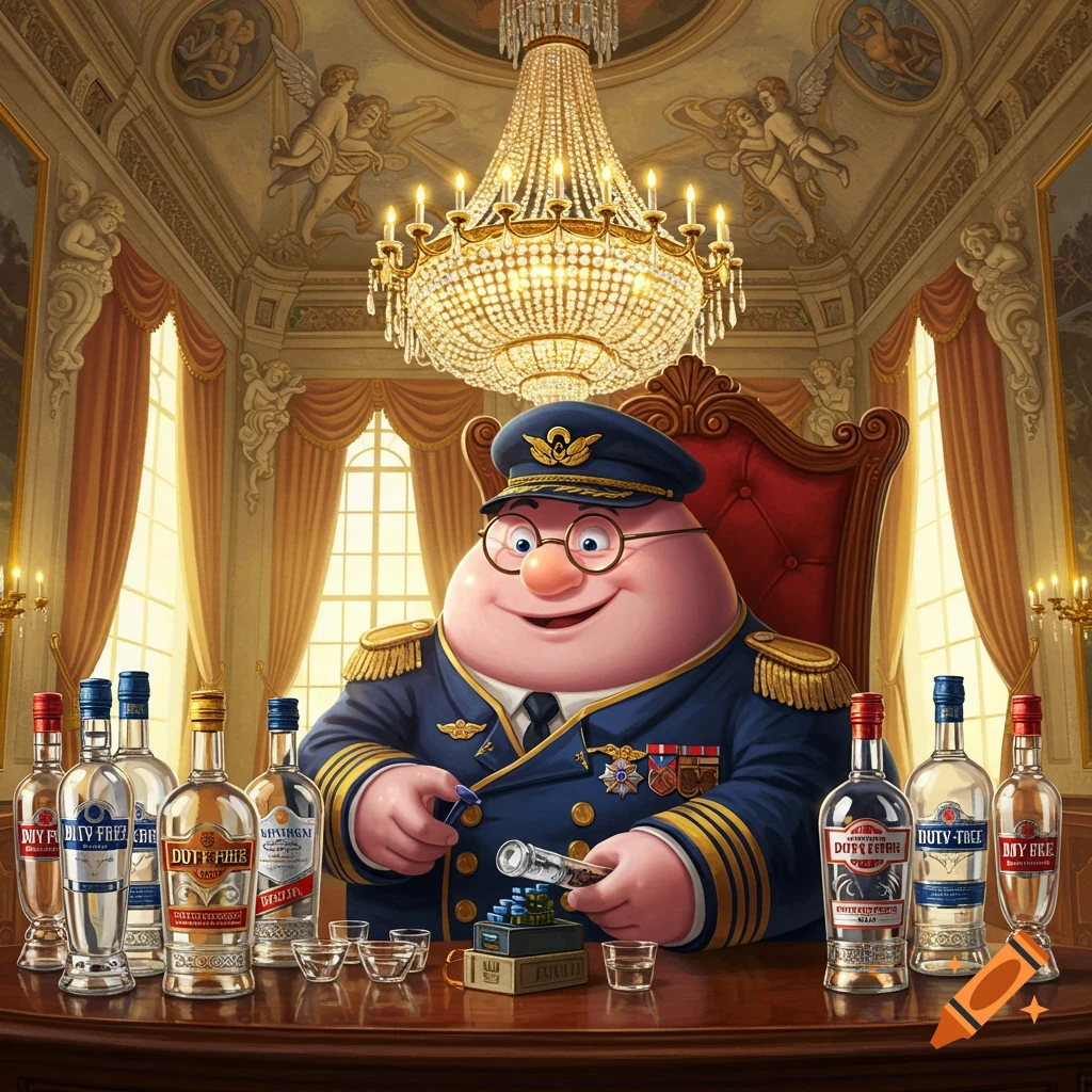 A portly, smiling cartoon pilot in a baroque room sits at a table with many duty-free vodka bottles and shot glasses, using a counting device.