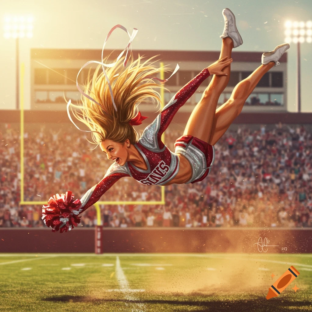 A dynamic shot of a cheerleader in a red and white uniform, mid-air during a cartwheel on a football field. The stadium lights glow in the background.