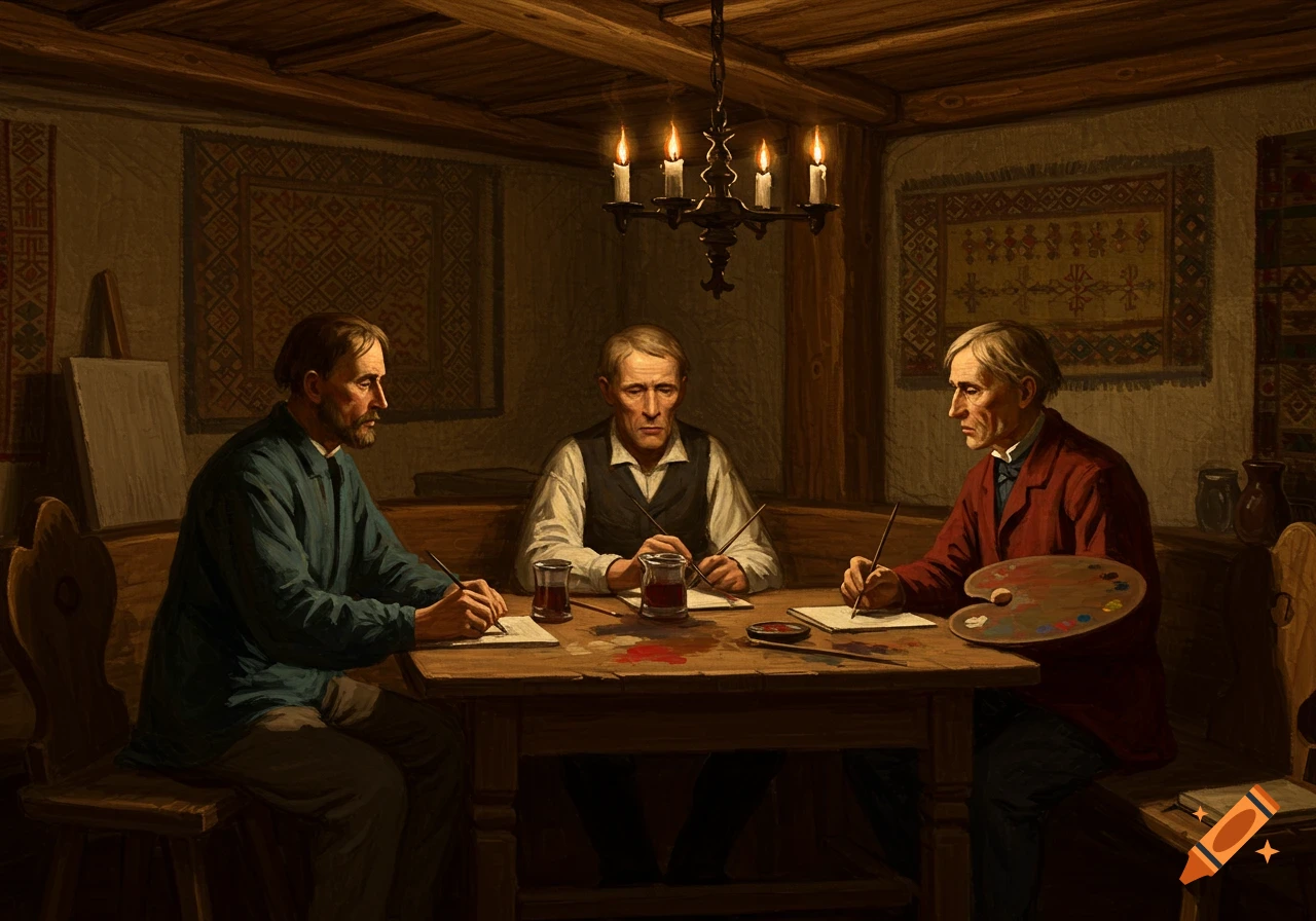 A classical painting depicts three men seated around a table in a rustic room, writing or painting by candlelight.