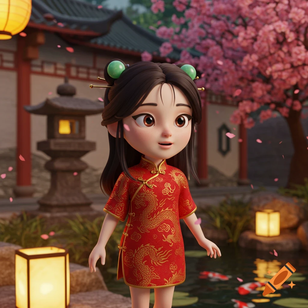 A cute 3D animated Chinese girl in a red qipao with golden dragons, in a traditional garden with cherry blossoms and koi pond.