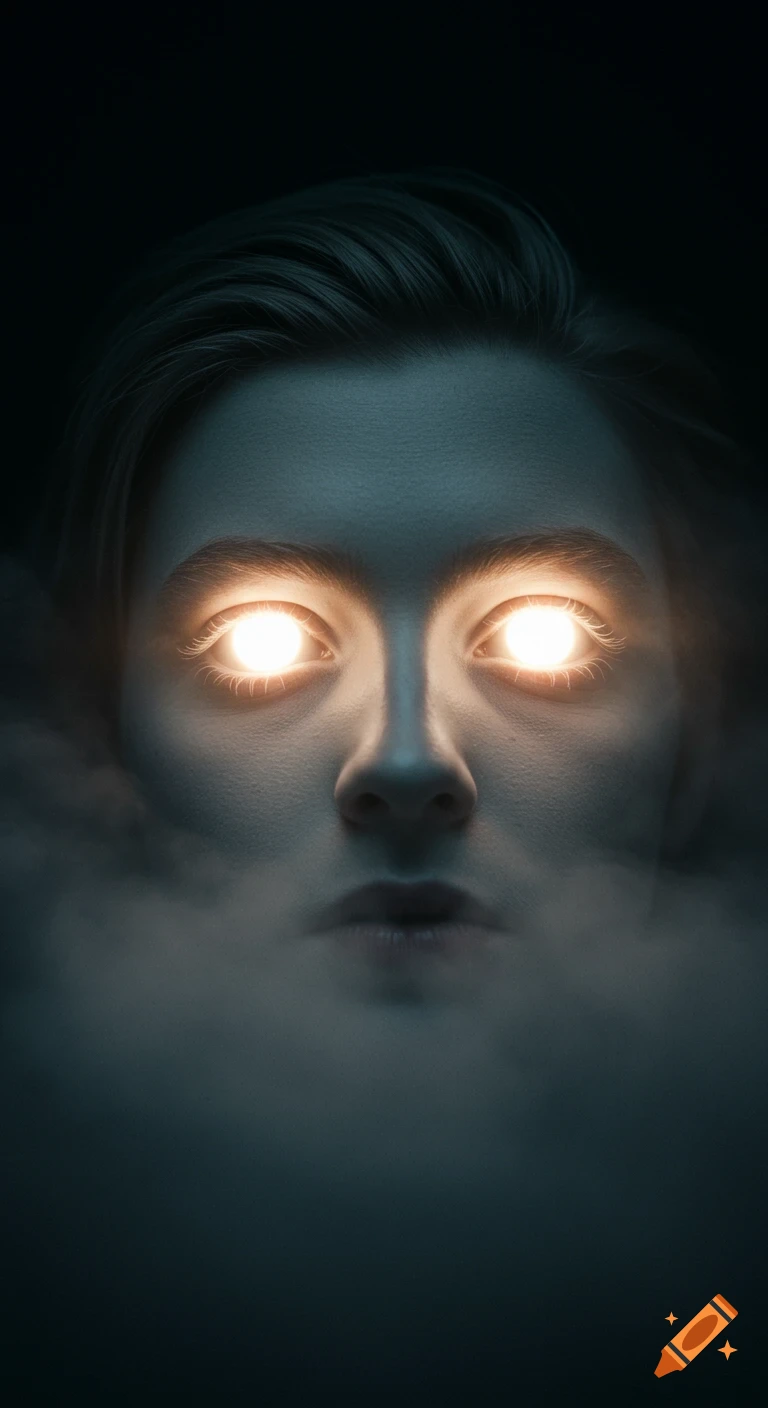 Close-up cinematic portrait of a person with glowing white eyes and pale skin, emerging from soft fog against a dark background.