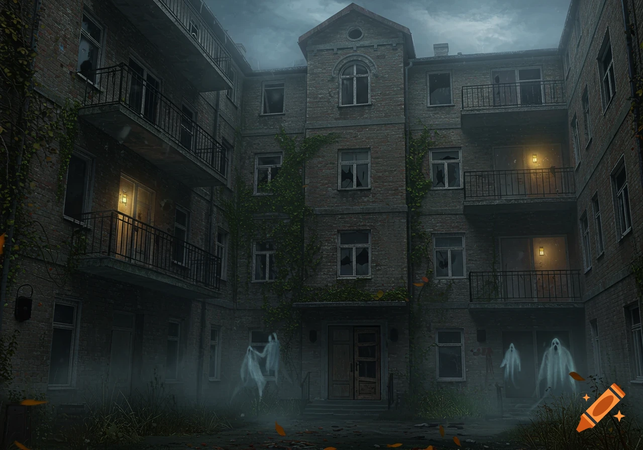 A dark, eerie apartment building at night with broken windows, overgrown vines, and three glowing ghosts floating in the misty courtyard.