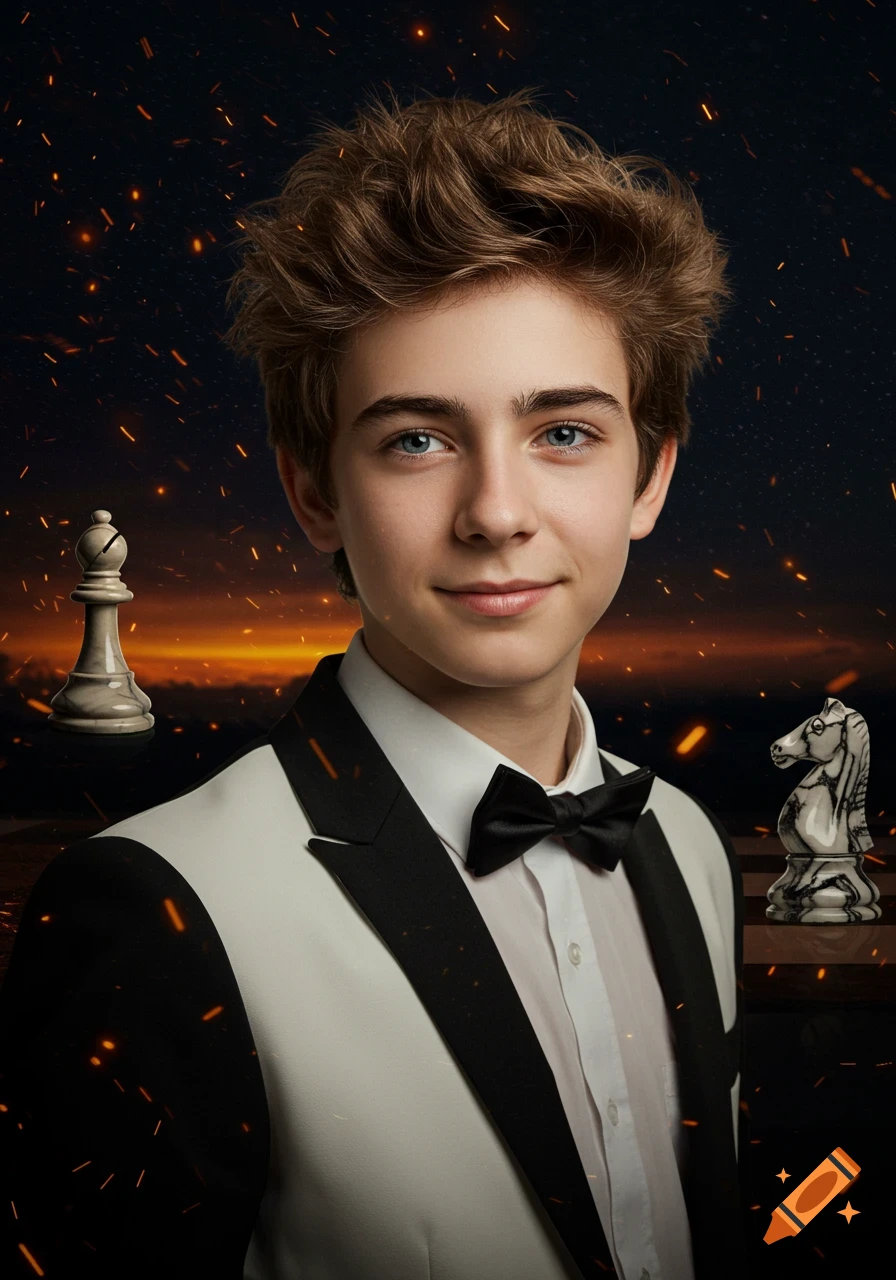 Realistic portrait of a smiling young boy in a black and white tuxedo, with a chess bishop and knight in a starry, fiery background.