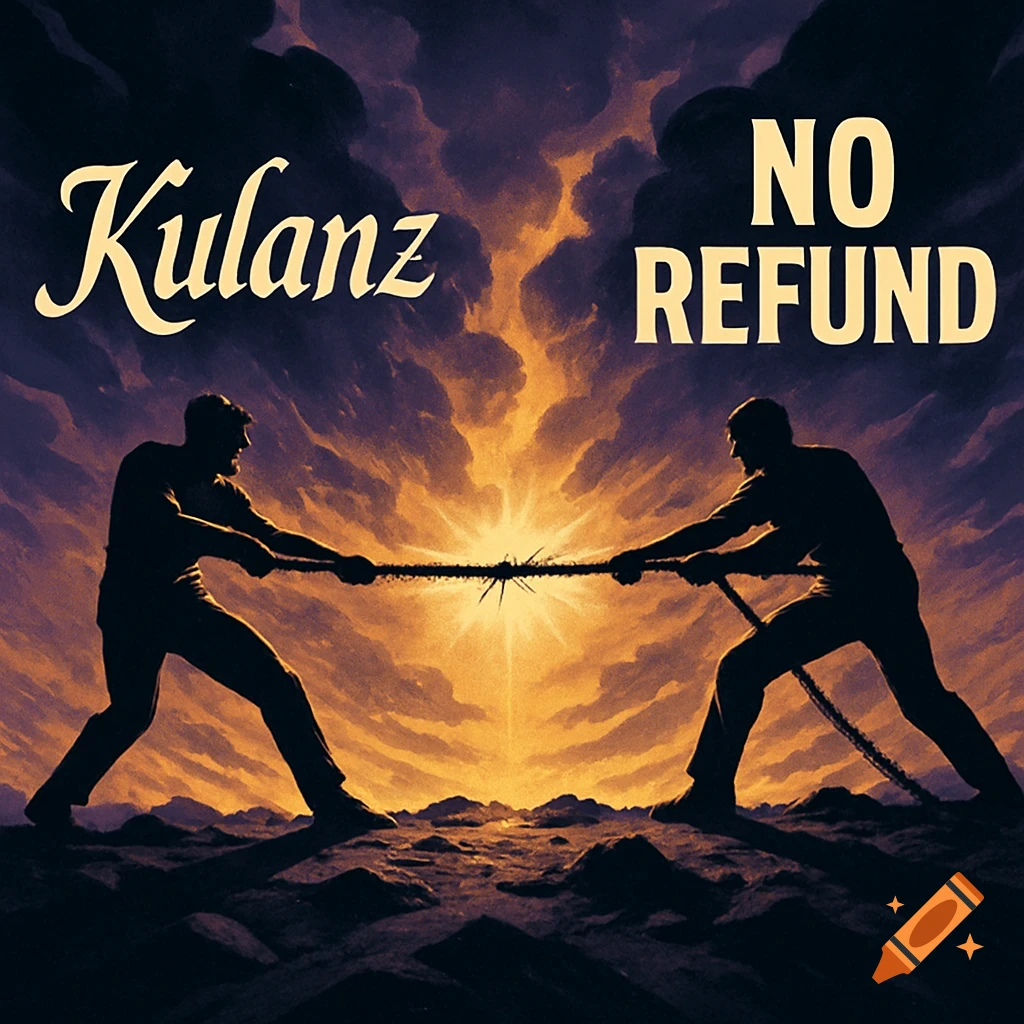 Two men in silhouette play tug-of-war against a dramatic sunset background, with text 'Kulanz' on the left and 'NO REFUND' on the right.