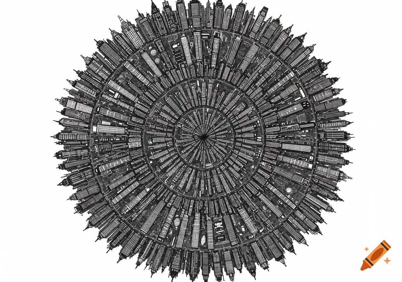 Black and white cityscape mandala, with buildings arranged in concentric circles from dense downtown to outer suburbs.