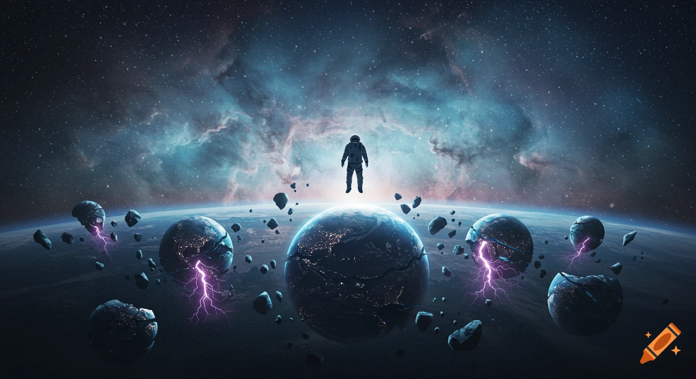 A lone astronaut drifts above a shattered Earth with glowing fragments and purple lightning, set against a vibrant deep space nebula.