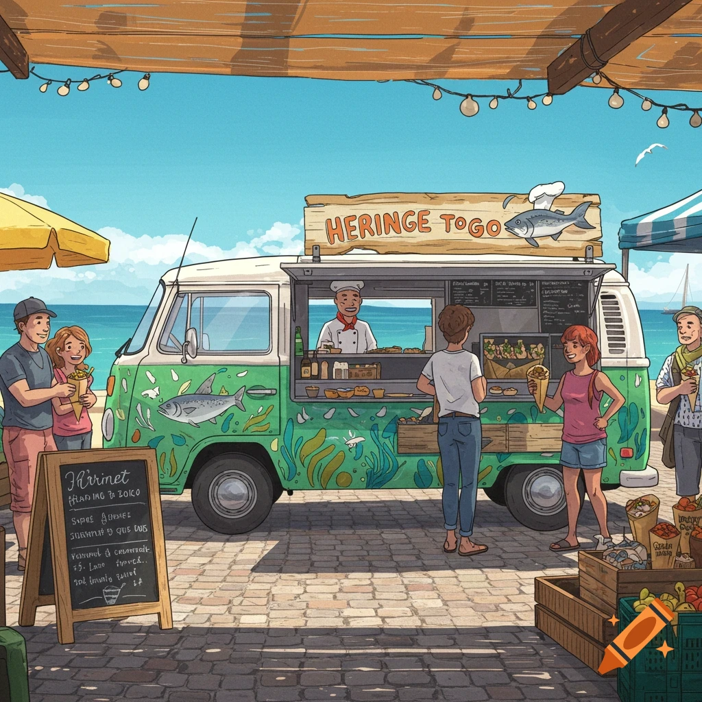 An illustration of a green and white food truck on a beach boardwalk, with "HERINGE TO GO" on its sign. People are lined up, buying food from the chef inside the truck. A chalkboard menu stands nearby.