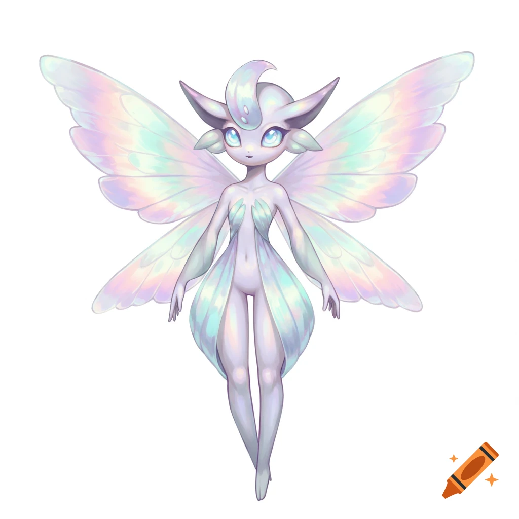 A cute, stylized fairy creature with large iridescent wings, light purple and blue tones, and big blue eyes, on a white background in an anime style.