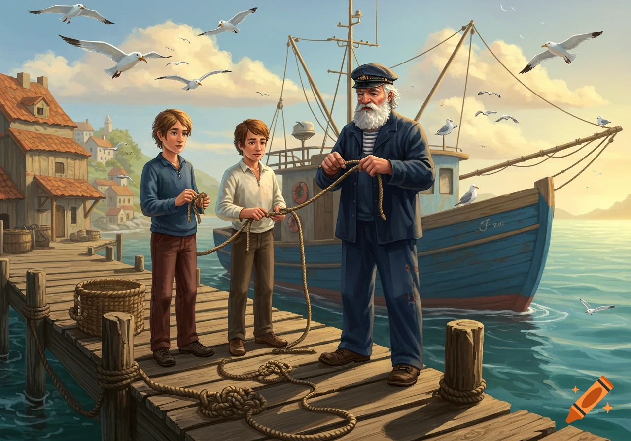 An old man teaches two boys to tie knots on a wooden dock beside a fishing boat in a coastal village at sunset, with seagulls flying.