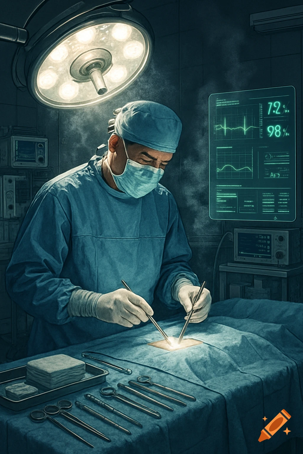 A surgeon in a mask and scrubs performs a procedure under a bright surgical lamp, with medical tools and a monitor displaying vital signs.