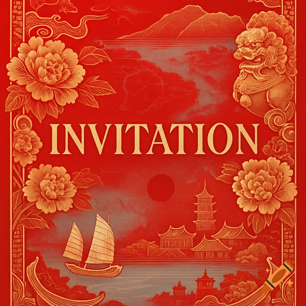 A vibrant red and gold traditional Chinese invitation card with ornate peonies, a foo dog, mountains, a pagoda, a boat, and the word 'INVITATION' in the center.