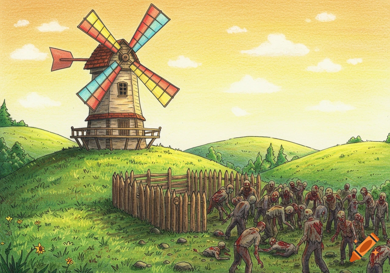 Colored pencil illustration of a windmill on a sunny hill with hordes of stylized zombies gathered at a wooden fence below.