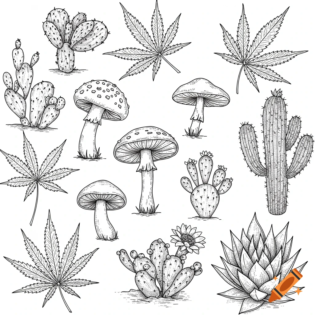 A black and white line art collage of various cannabis leaves, mushrooms, and cacti.