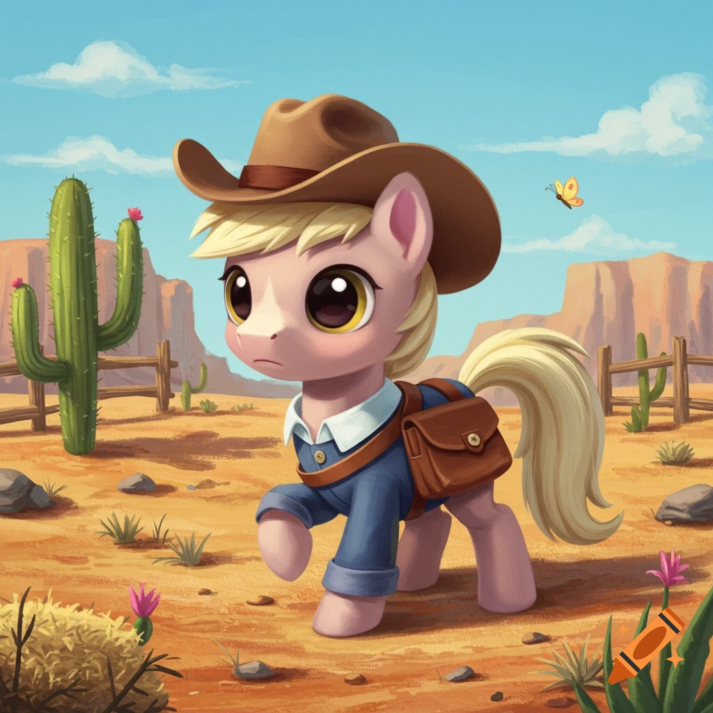 A cute cartoon pony mailman in a cowboy hat and blue uniform with a satchel walks through a desert with cacti and mesas.