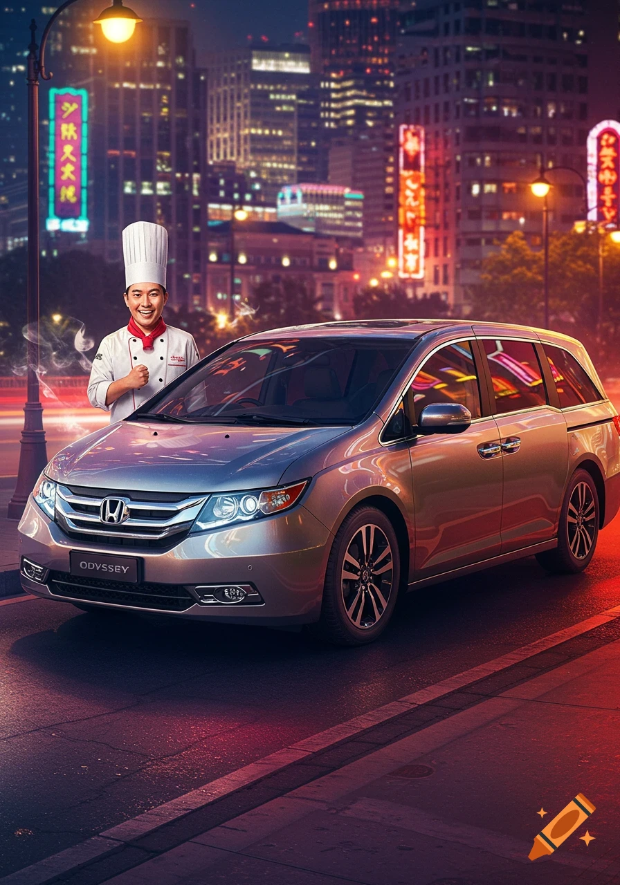 A smiling chef stands next to a silver Honda Odyssey minivan on a city street at night, with neon signs and skyscrapers in the background.