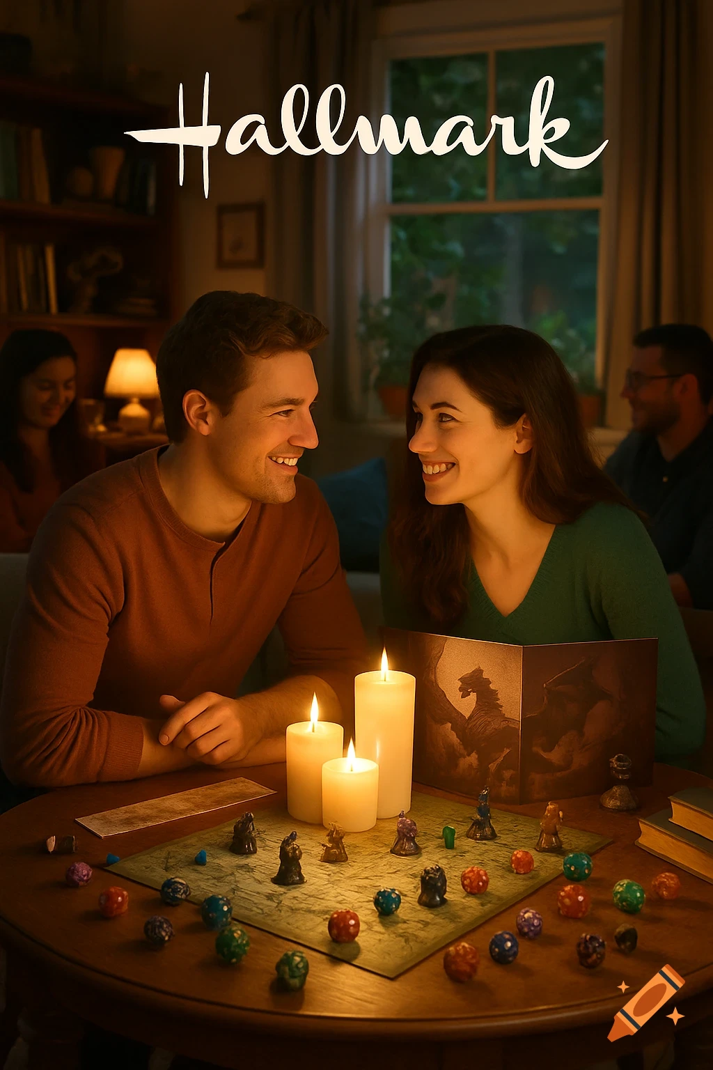 A photorealistic image of a smiling couple playing a board game by candlelight, with "Hallmark" text at the top.