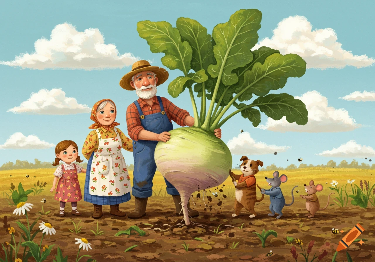 A family and animals pull a giant turnip from a field under a sunny sky in a whimsical children's illustration.