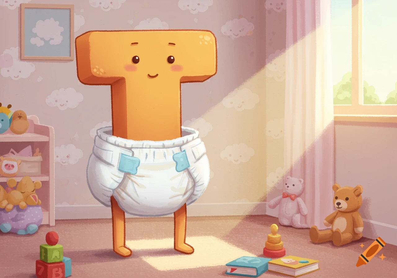 A cute, cartoon letter T wearing a diaper stands in a sunny child's room filled with toys.