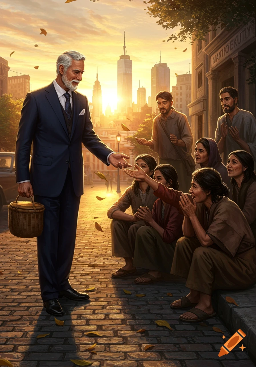 A well-dressed man offers help from a basket to a group of less fortunate people on a city street at sunset.