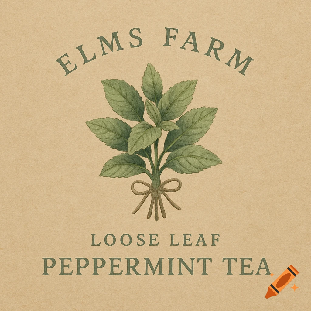 Vintage kraft paper label for Elms Farm Loose Leaf Peppermint Tea, featuring an illustration of peppermint sprigs tied with twine.