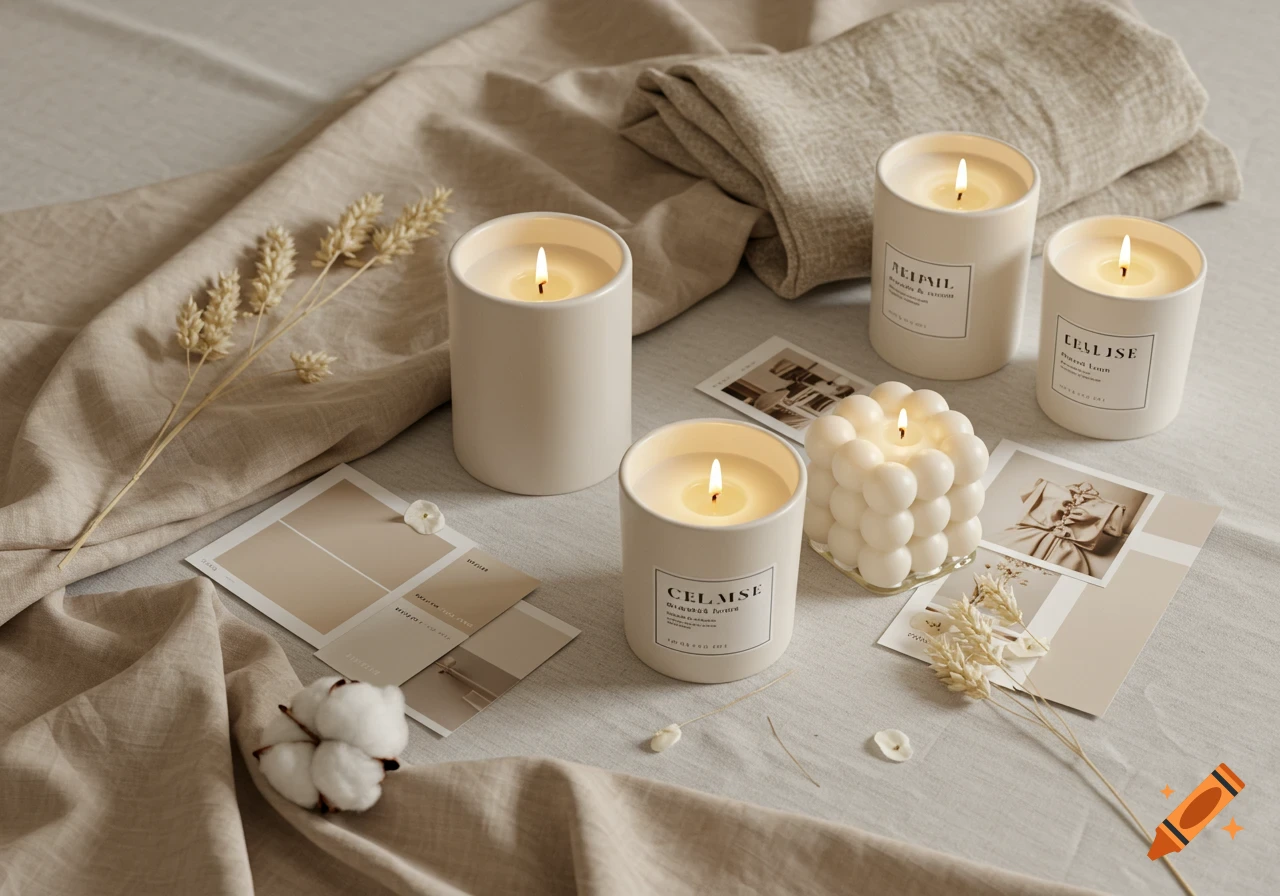 Flat lay of luxury candles and fabrics in neutral tones, with dried wheat, cotton, and a mood board.