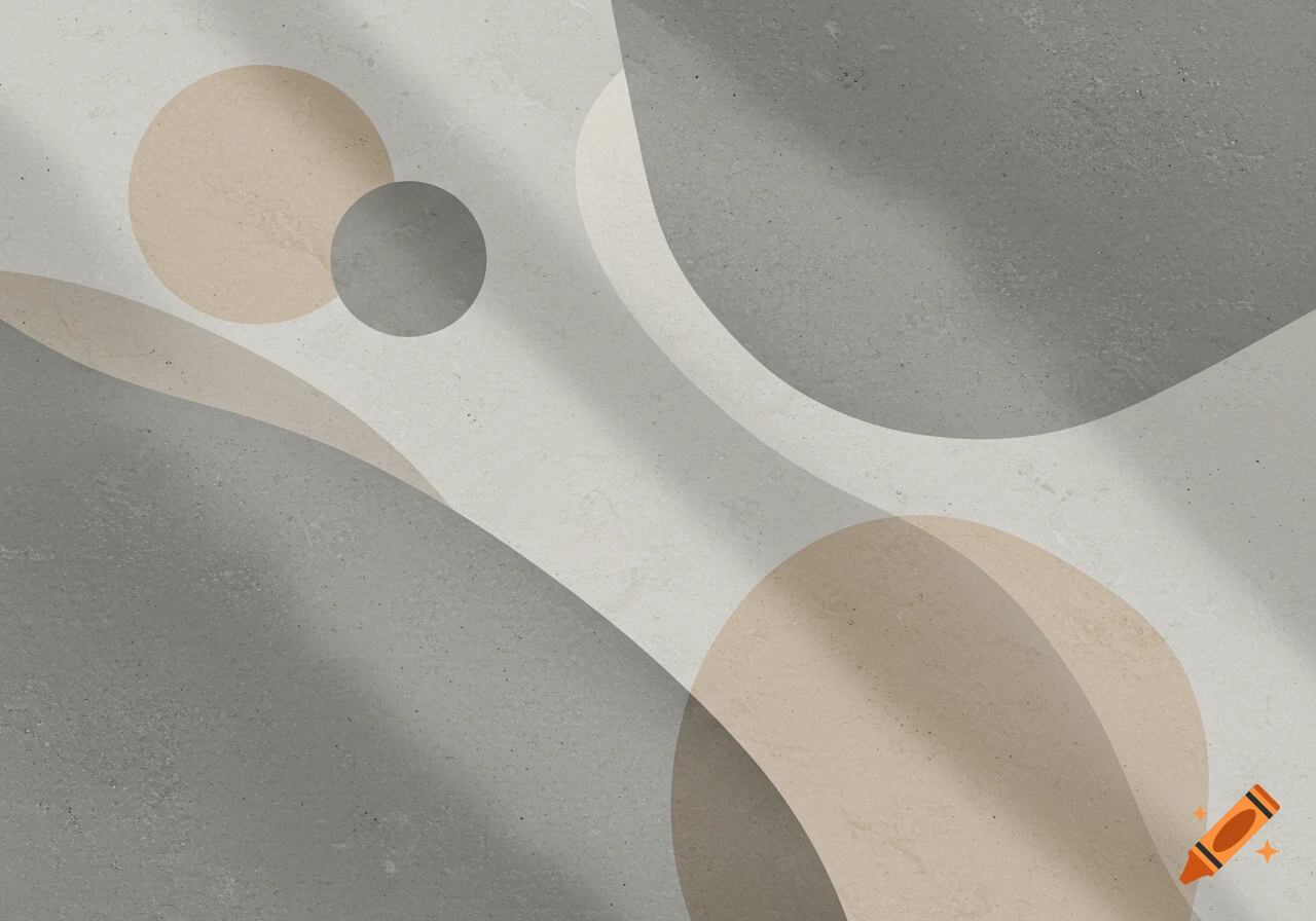 Abstract composition with overlapping soft grey and beige shapes on a textured background with natural light shadows.