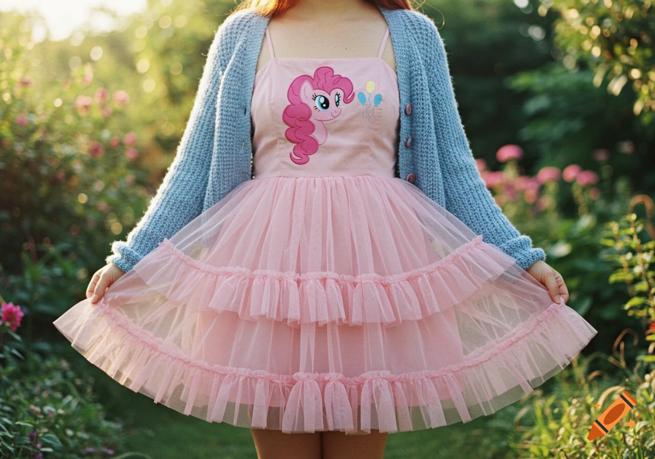 A person wears a pink tulle sundress with a Pinkie Pie character design and a blue knitted cardigan in a sunny garden.