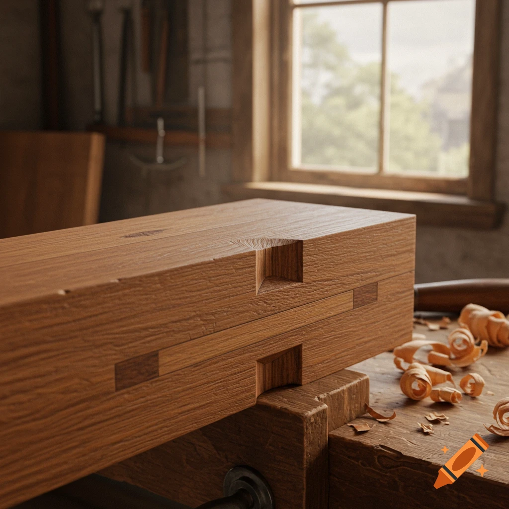 Close-up of a perfectly crafted wooden dovetail joint on a workbench in a sunlit workshop, with wood shavings.