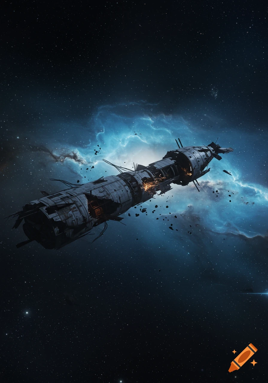 Ultra-realistic image of a damaged, sparking spaceship drifting in deep space, surrounded by a blue nebula and distant stars.