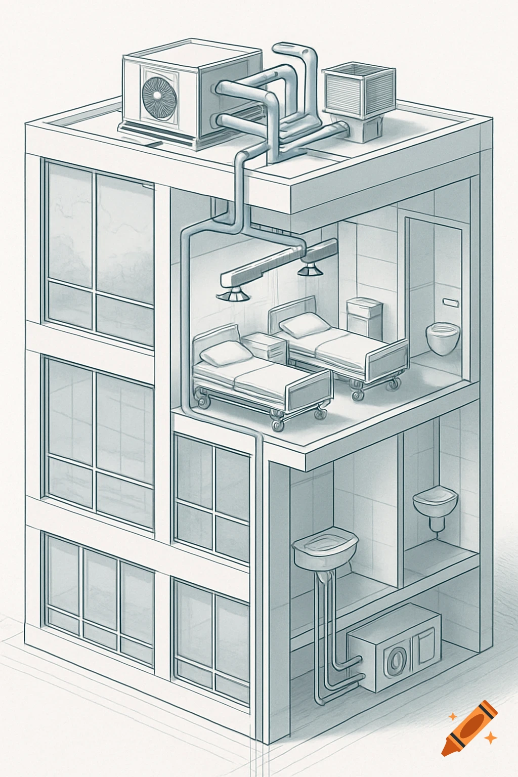 Isometric line drawing of a building cutaway, revealing a hospital room with two beds, bathrooms, and rooftop HVAC.