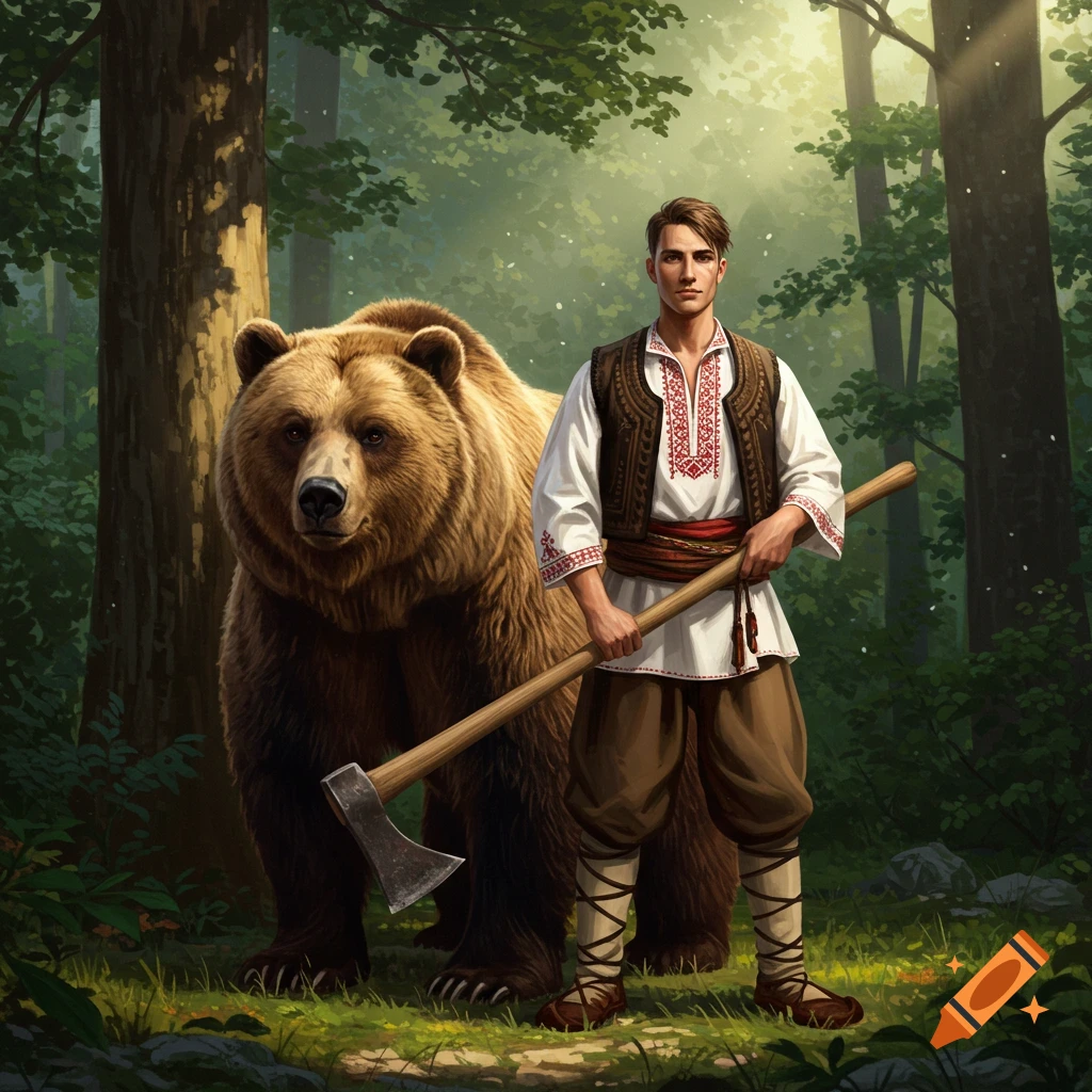 A man in traditional Bulgarian folk clothes holds an axe next to a brown bear in a lush forest, realistic style.