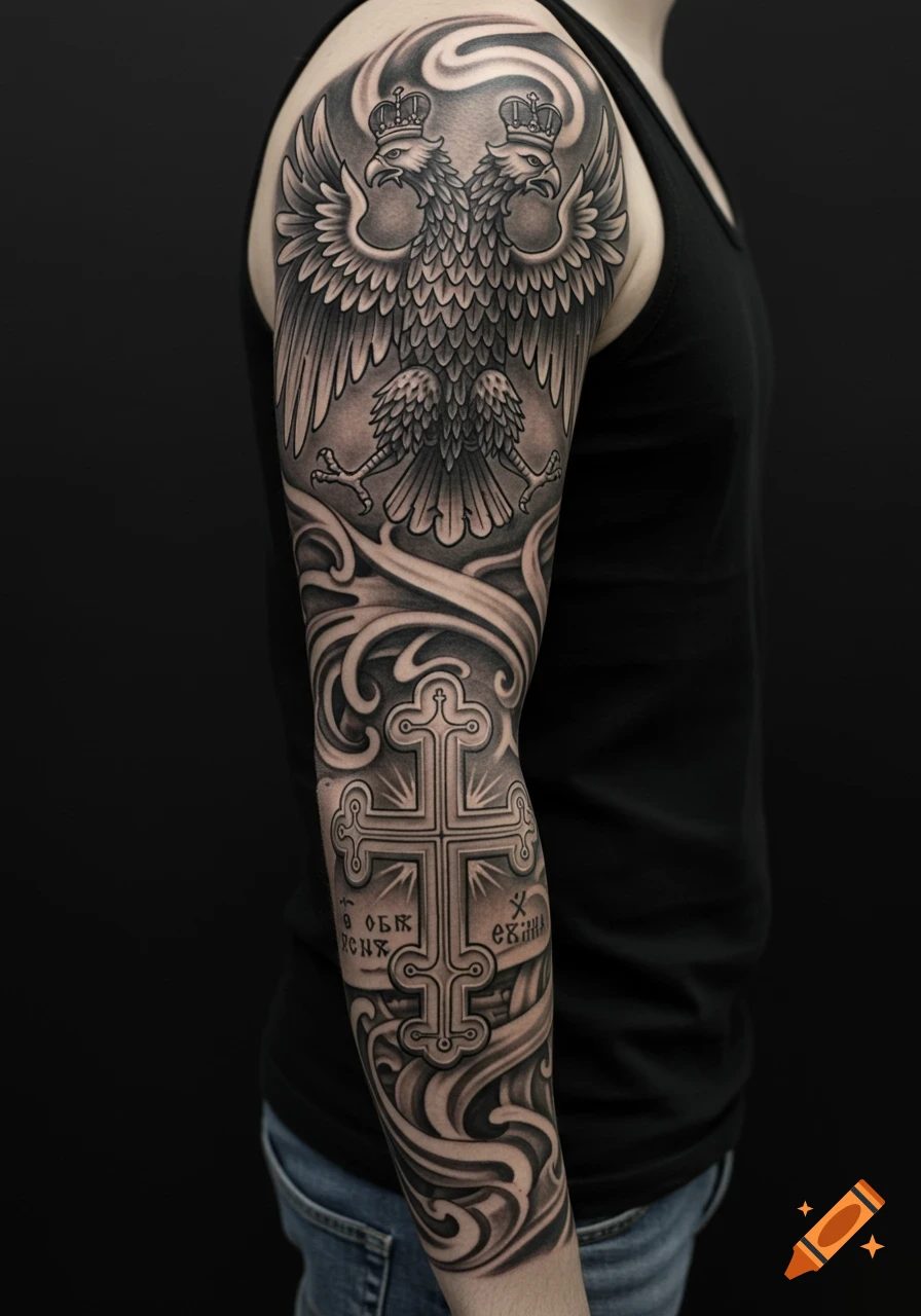 Left arm sleeve tattoo featuring a double-headed eagle and an ornate Orthodox cross in black and gray style.