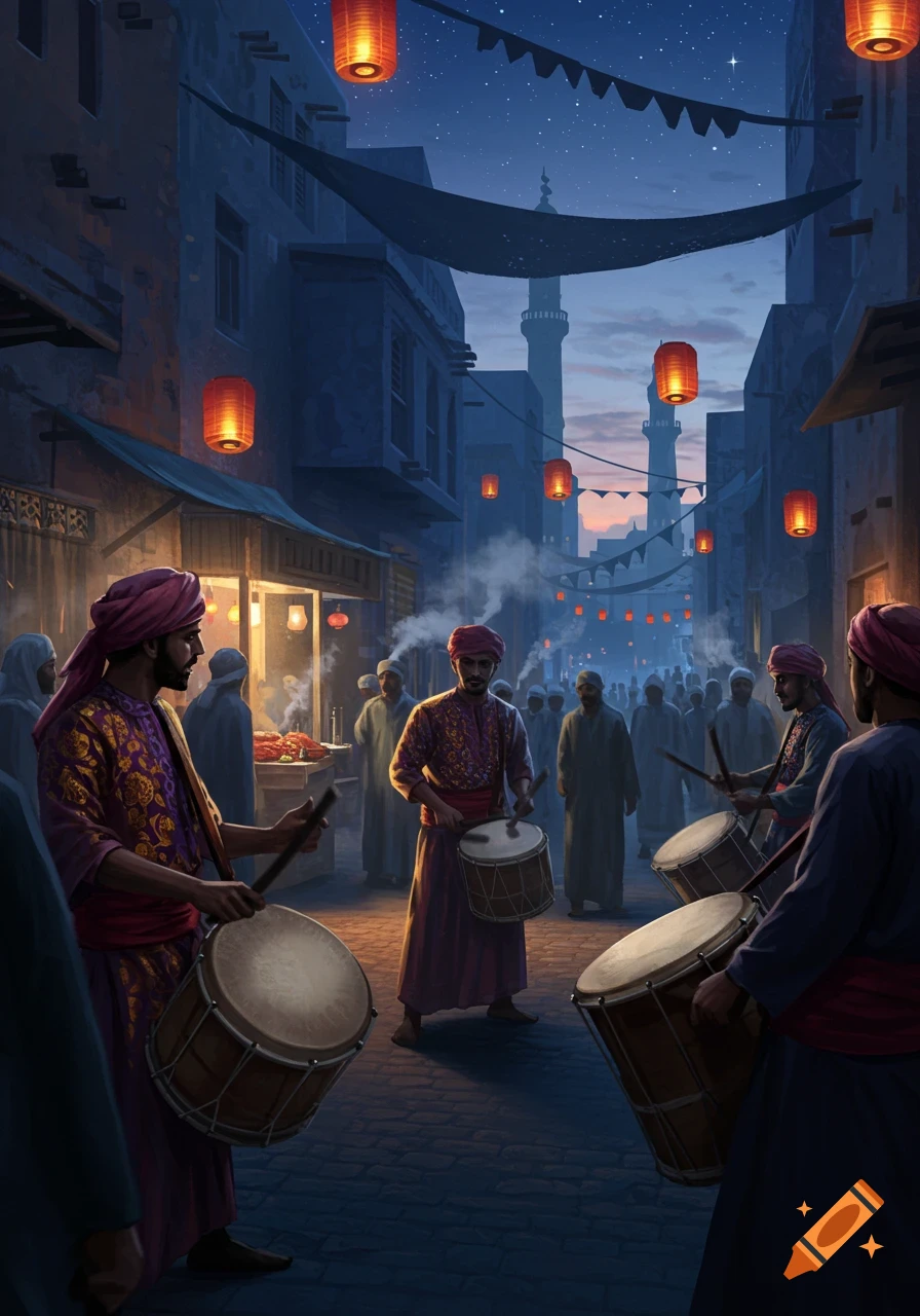 Men in traditional attire play drums on a busy, lantern-lit street at night, with Middle Eastern architecture in the background.