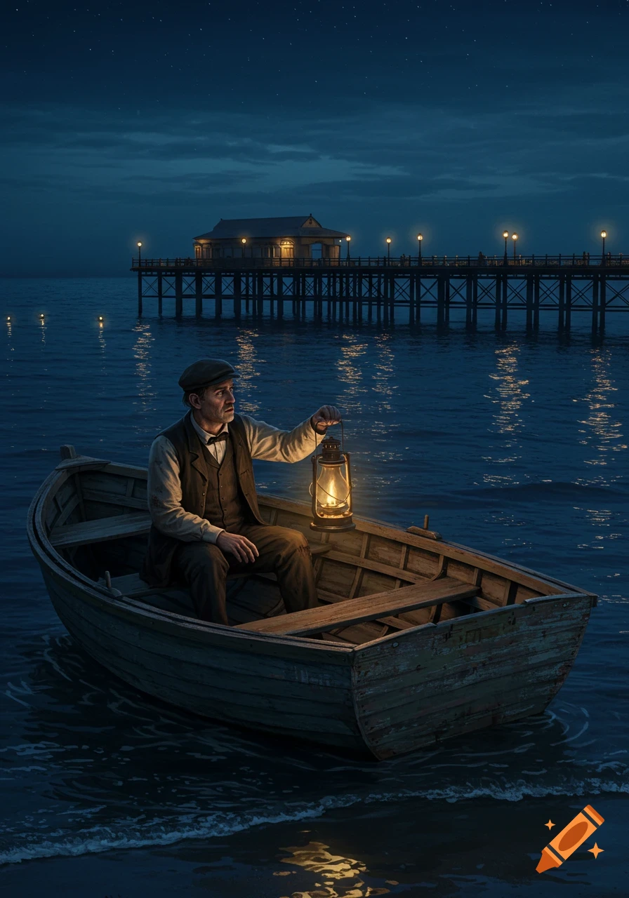 A man in Edwardian attire sits in a wooden rowing boat, holding a lit lantern, looking towards a brightly lit pier and building at night. Photorealistic style.