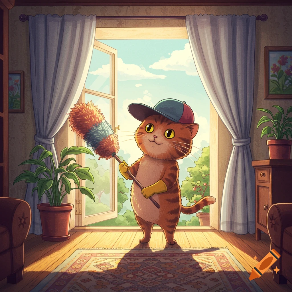 A cute cartoon ginger cat wearing a baseball cap and yellow gloves, holding a duster, standing in a sunlit room by an open window.