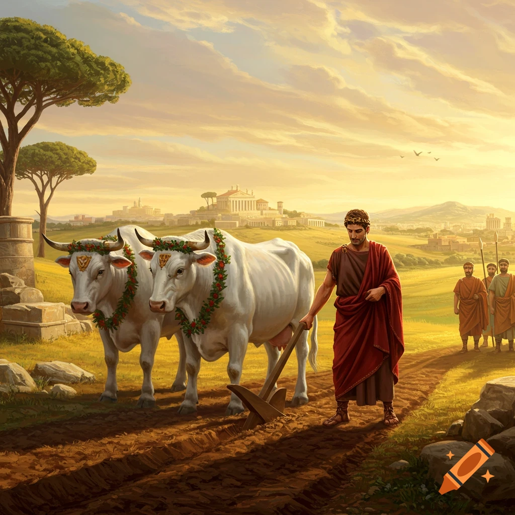 Romulus plows a field with two white oxen adorned with wreaths, with an ancient Roman city in the golden sunset background.