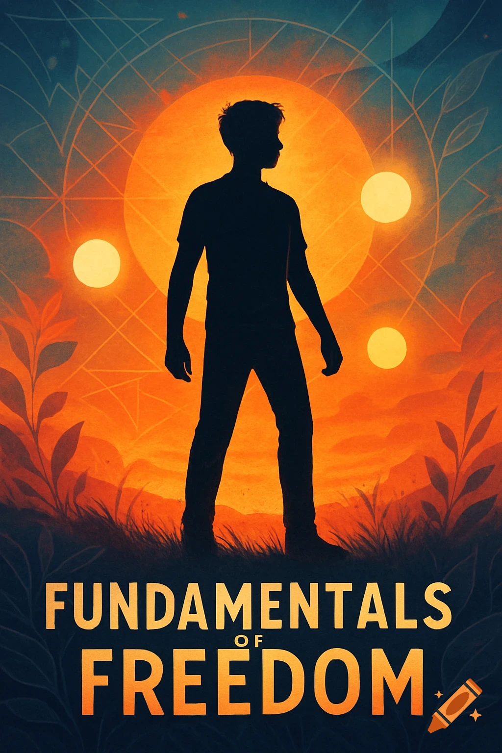 Book cover with a silhouetted person standing against an orange sunset and geometric patterns, with text 'Fundamentals of Freedom'.