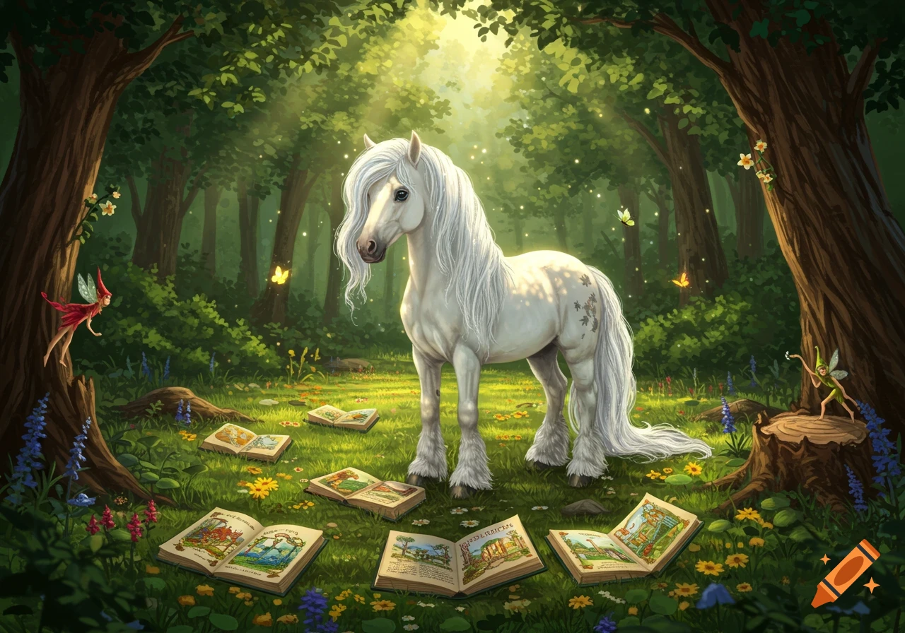 A white pony with a flowing mane stands in a magical forest clearing filled with sunbeams, surrounded by open storybooks and tiny fairies.