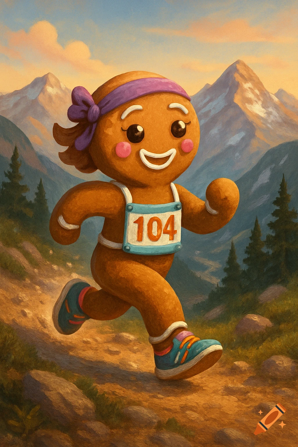 A cheerful gingerbread cookie girl with a purple headband and race bib "104" runs uphill on a trail with mountains in the background.
