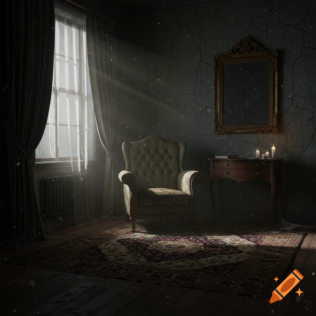 A dark, atmospheric room with a vintage armchair, a window with sunlight streaming through dust, an ornate mirror, and flickering candles.